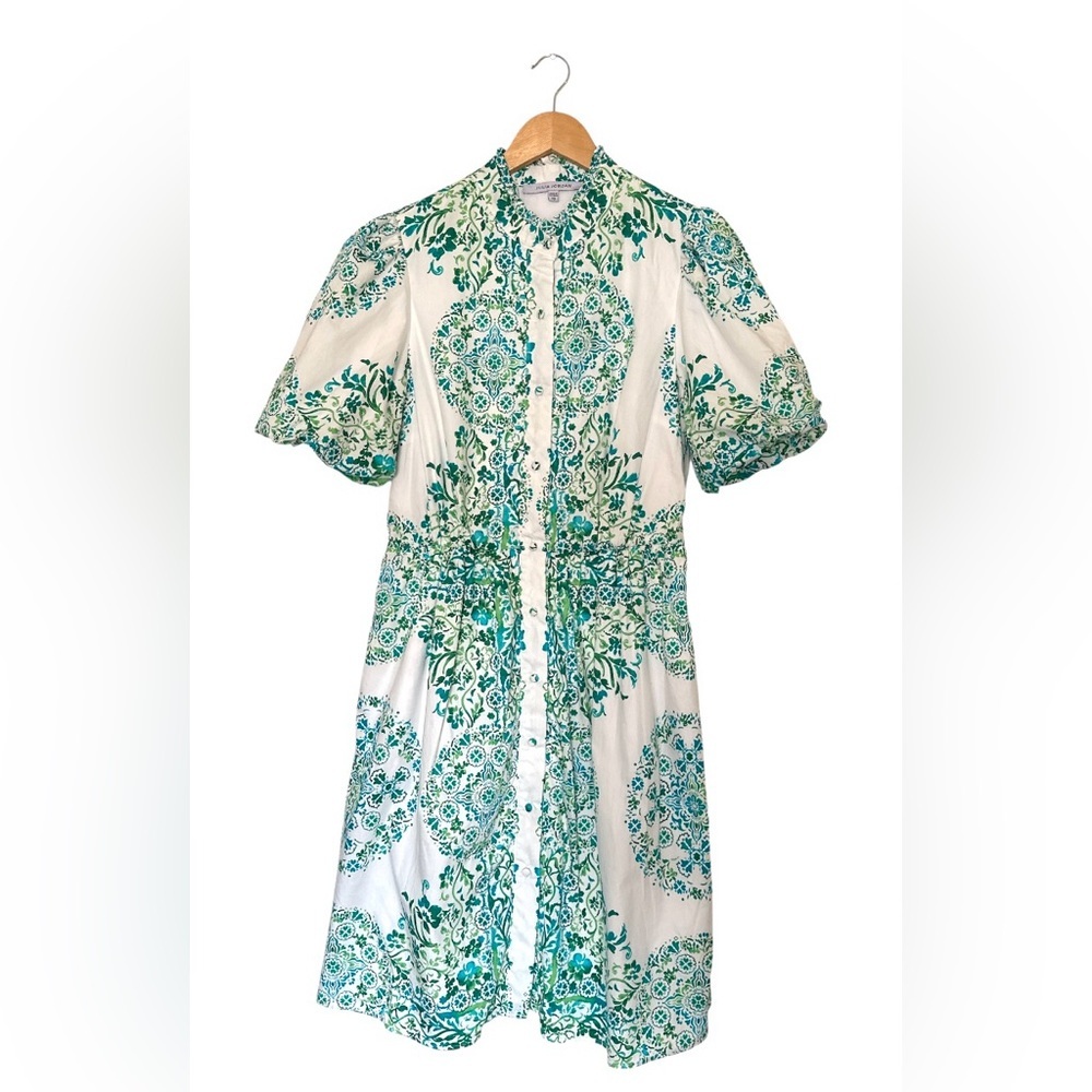 Julia Jordan Dress Sz M Button Front Teal White Puff Sleeve Border Floral‎ Print